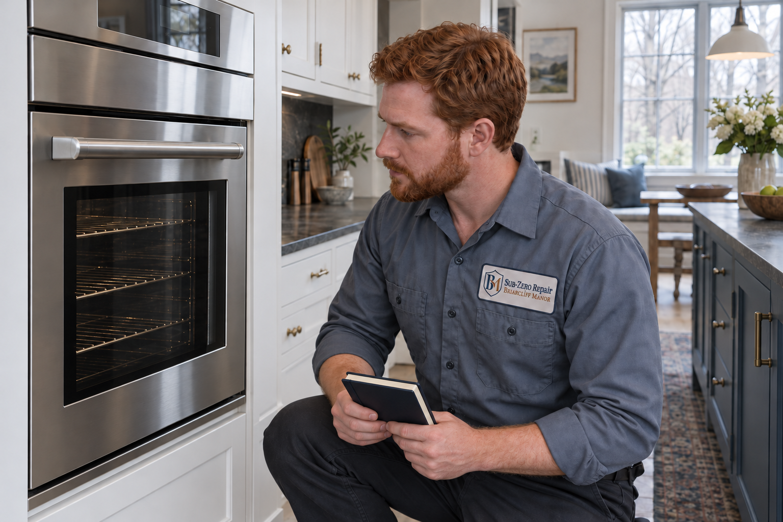 Fictional technician beside a Wolf oven — AI illustration for Sub-Zero Repair Briarcliff Manor