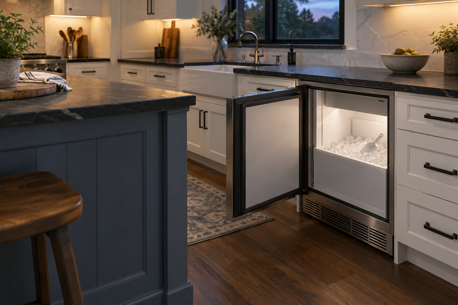 Illustrative Sub-Zero ice maker in a residential kitchen — AI image for Sub-Zero Repair Briarcliff Manor