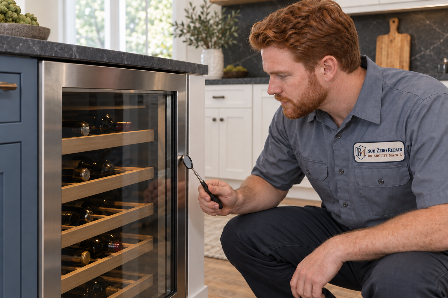 Fictional technician beside a Viking wine cooler — AI illustration for Sub-Zero Repair Briarcliff Manor