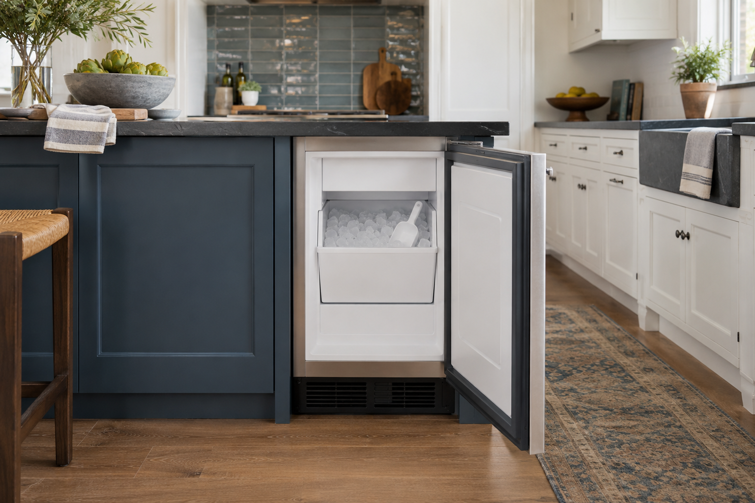 Illustrative Sub-Zero ice maker in a residential kitchen — AI image for Sub-Zero Repair Briarcliff Manor