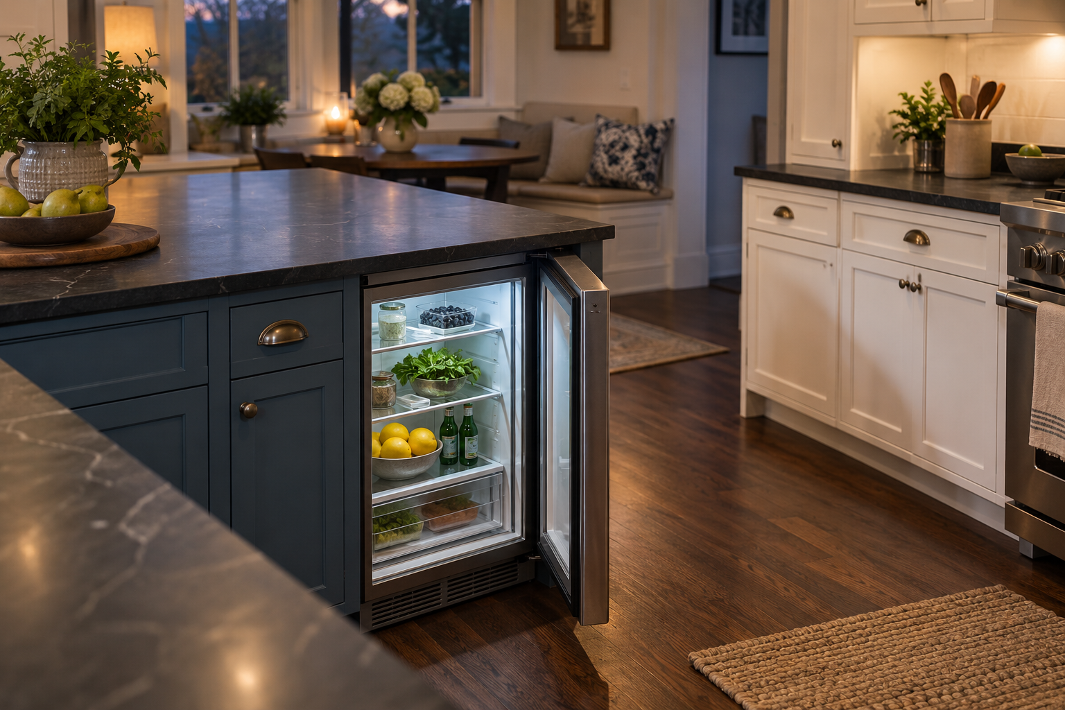 Illustrative Sub-Zero undercounter refrigerator in a residential kitchen — AI image for Sub-Zero Repair Briarcliff Manor