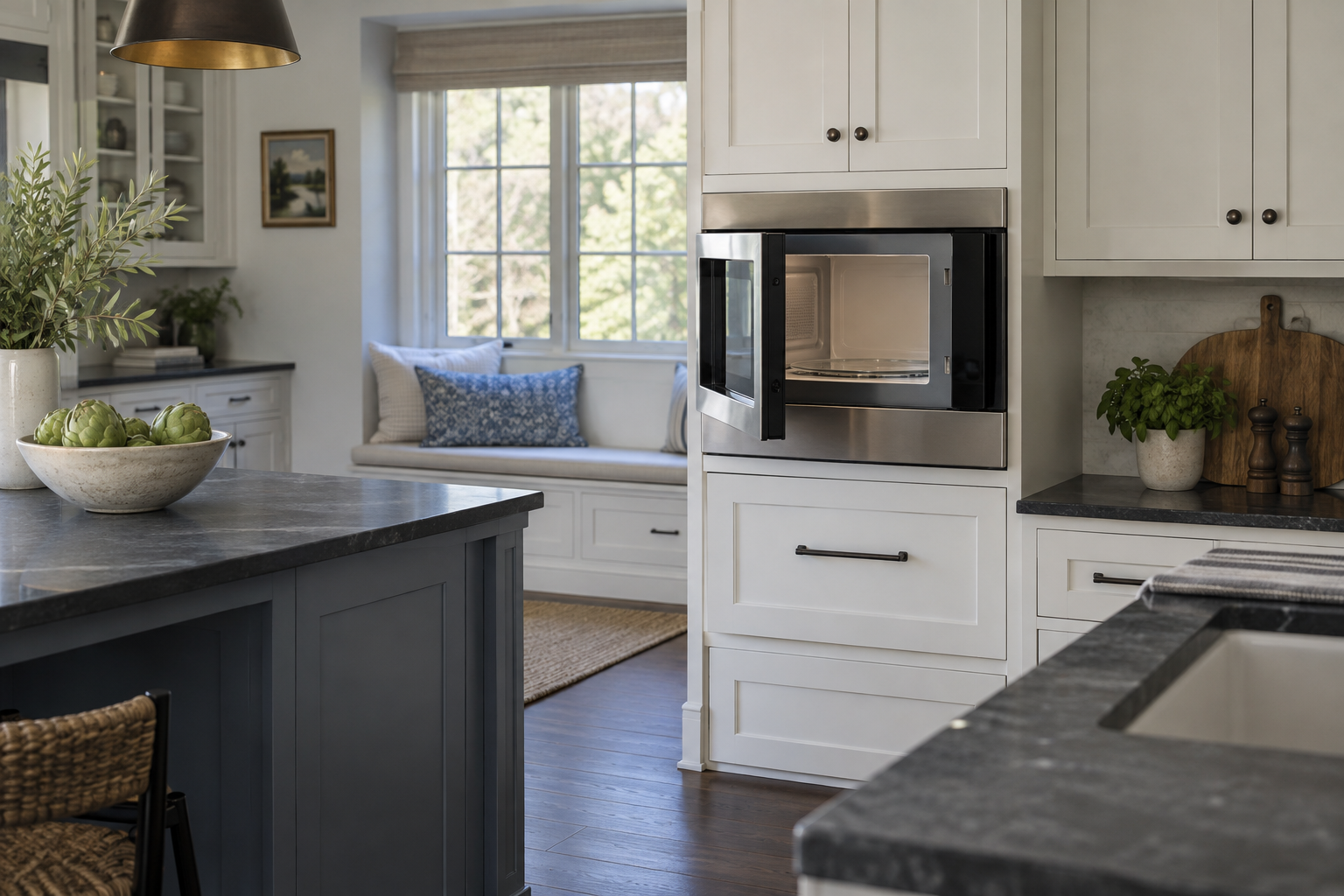 Illustrative Wolf microwave in a residential kitchen — AI image for Sub-Zero Repair Briarcliff Manor