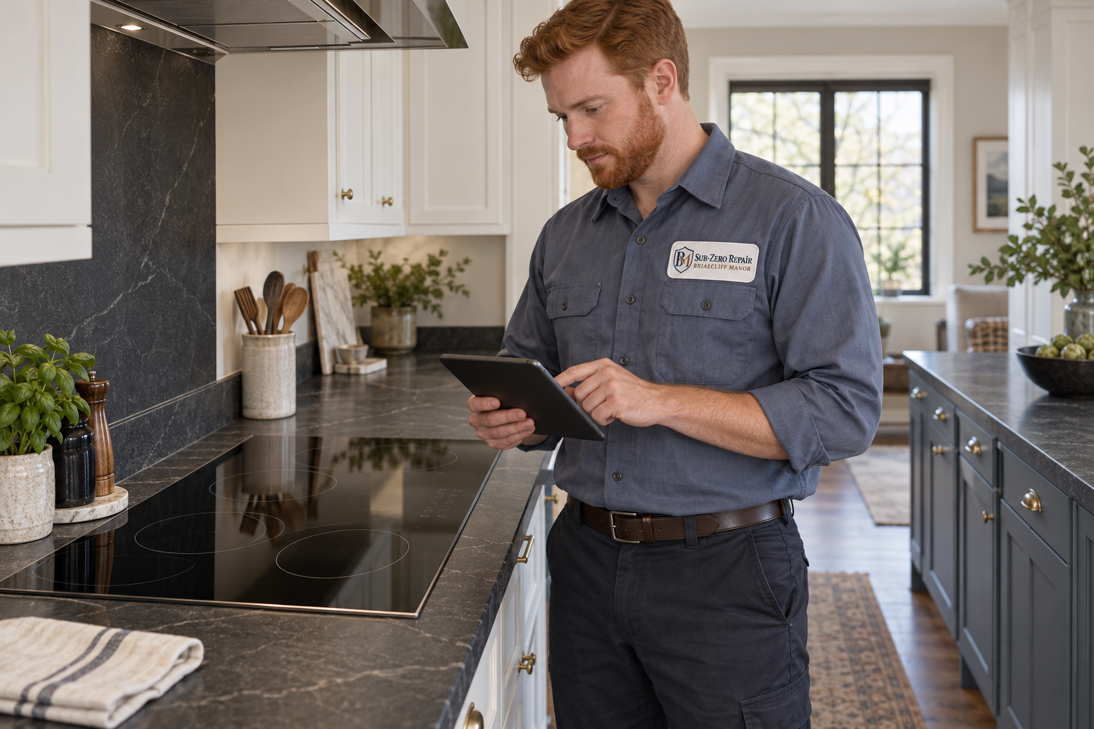 Fictional technician beside a Viking cooktop — AI illustration for Sub-Zero Repair Briarcliff Manor